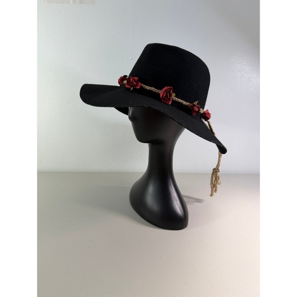 Lovely Bird‎ Black 100% Wool Wide Brim Fedora Hat Red Rose Rope Band main image 4